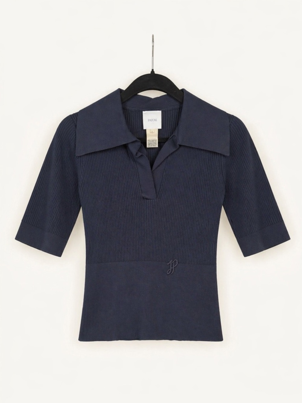 PATOU Ribbed Knit Polo Top | Navy | Size L